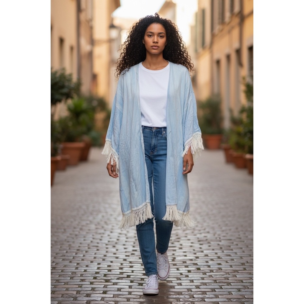 Umgee USA Blue Denim Kimono Cardigan Fringe Lace Trim Boho Light Sz Wash M/L NWT